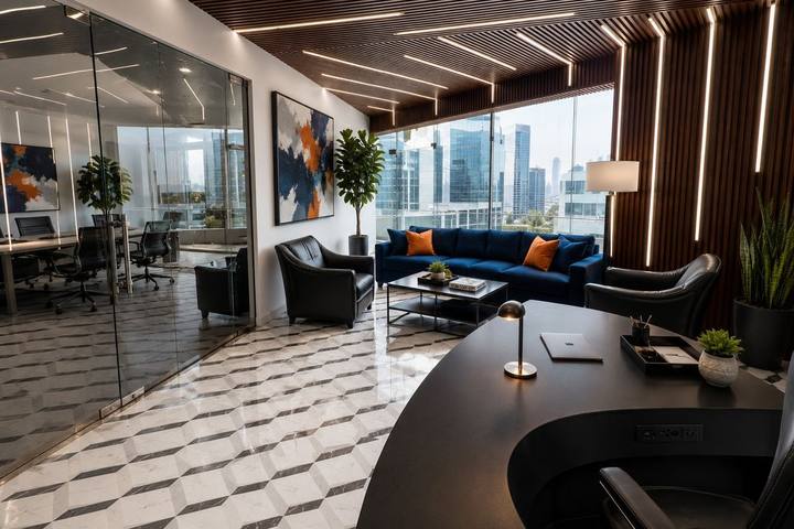 Lounge with a navy sofa, black armchairs and a coffee table in front of tall windows with a city skyline, with a curved black desk in the foreground